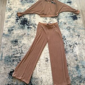 Fashion Nova Tan Wide Leg Jumpsuit w/ hoodie